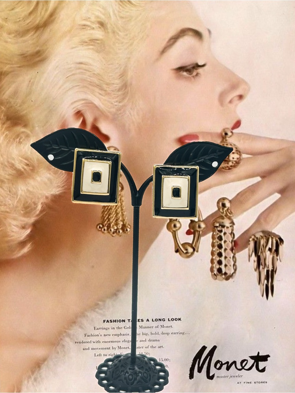 Vintage Monet Enamel Earrings, Black White Cream Geometric Rectangular Studs